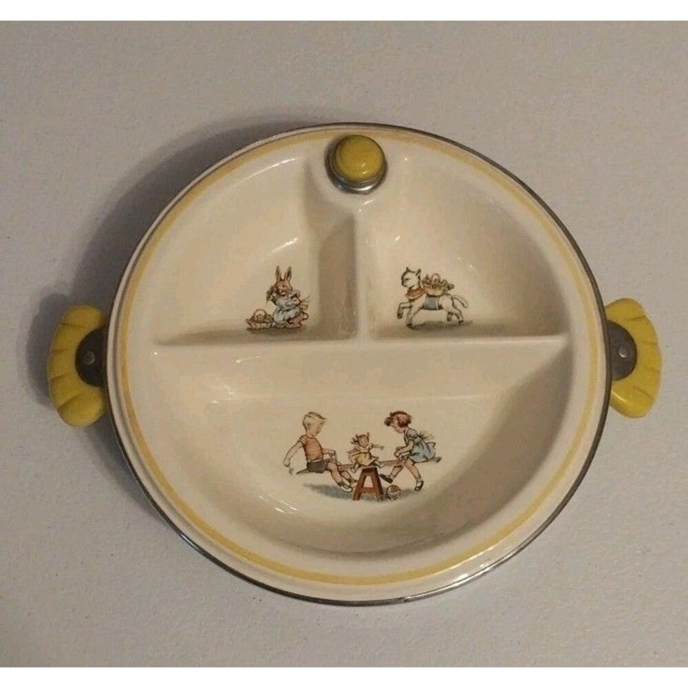 Vintage 1940s Child Warming Dish Divided Plate Nursery Storybook Animals